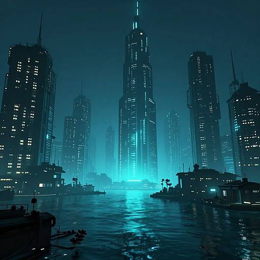 CGI night cityscape: towering blue-lit skyscrapers, illuminated water, dark foreground, futuristic urban atmosphere, glowing lights reflecting on the river