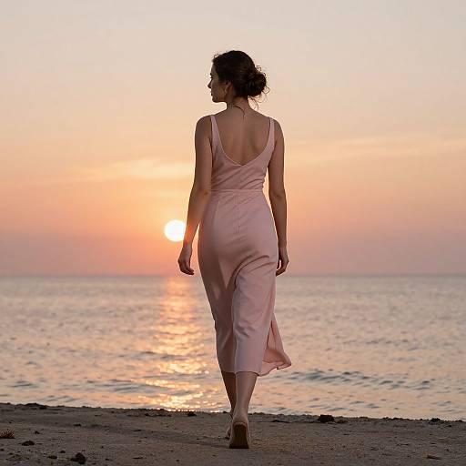 Photograph of a woman in a pink, backless dress walking on a beach at sunset, with the sun reflecting on the ocean. Silhouet