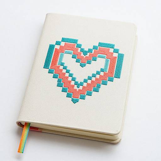 Photograph of a white sketchbook with a vibrant pixelated heart design in red and blue, open with a colorful ribbon.