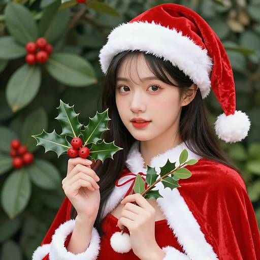Young Woman in Santa Outfit with Holly and Mistletoe