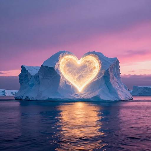 Photograph of a glowing heart-shaped light on a large icebergs against a pink-purple sunset over calm ocean water.