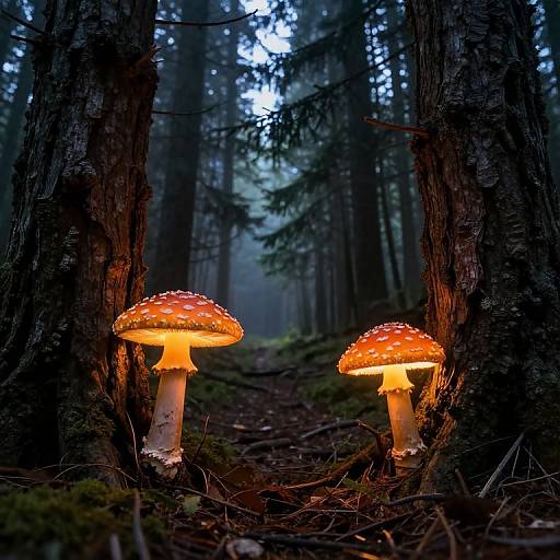 Glowing Orange Mushrooms in Forest