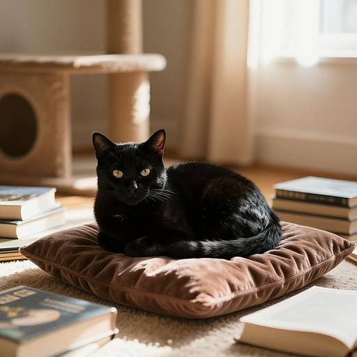 Photograph of a sleek black cat with glowing eyes, lounging on a brown cushion amidst scattered books in a sunlit room.