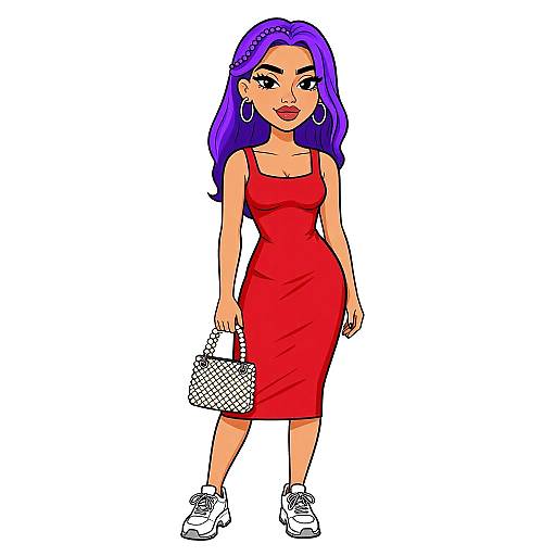 Digital cartoon of a confident woman with purple hair, wearing a red dress, white sneakers, holding a patterned clutch, standing against a white background.