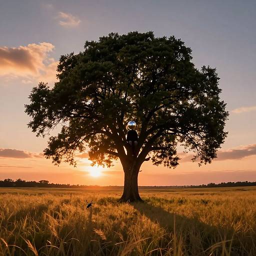 Photograph of a large, silhouetted tree in a golden field at sunset, with a person wearing a white helmet standing in its shadow,