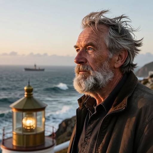 Photograph of an elderly man with white hair and beard, wearing a dark jacket, standing by a lit lantern, looking at a sunset ocean with a