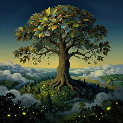 Magical tree with colorful, patterned leaves stands amid a glowing, fairy-lit forest, surrounded by clouds and a sunset sky. Digital art.