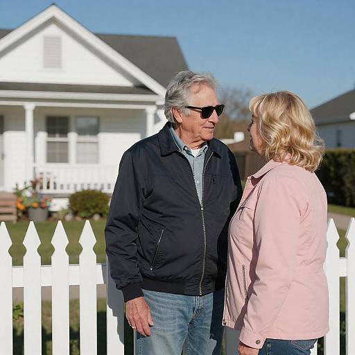 Older Couple Standing by White Picket Fence