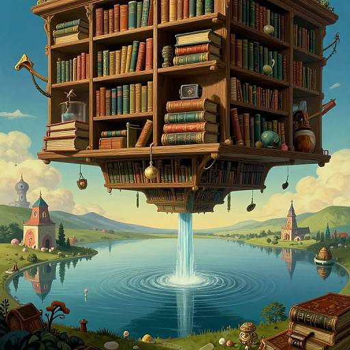 Whimsical digital artwork of a floating wooden bookshelf over a serene lake, with books, lanterns, and towers in the background.