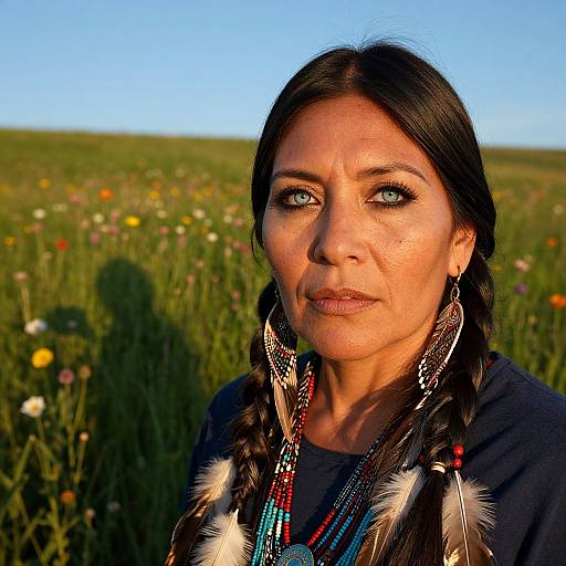 Native American Woman in Sunset Meadow