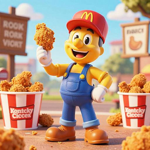 3D CGI image of Mario holding a Krusty Burger patty, wearing red hat and blue overalls, surrounded by Krusty Burger buckets. Bright