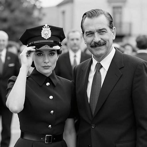 Black and White Portrait of Policewoman and Man in Suit