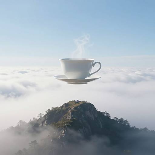 Floating Teacup Above Mountain Clouds