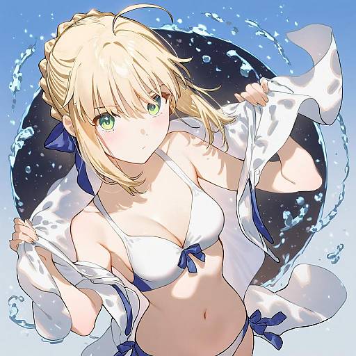 Illustration of Artoria pendragon (swimsuit archer) (fate), fate (series) in the style of Bomhat