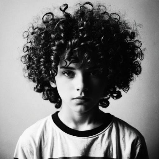 Black and White Portrait of Tween Boy with Curly Hair