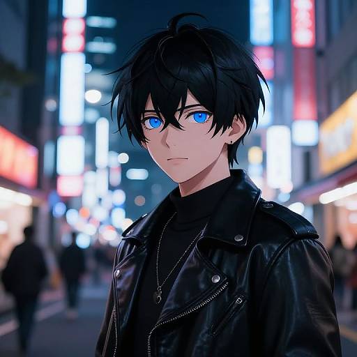 Digital anime-style drawing of a young man with black hair and striking blue eyes, wearing a black leather jacket, standing in a brightly lit, neon-l