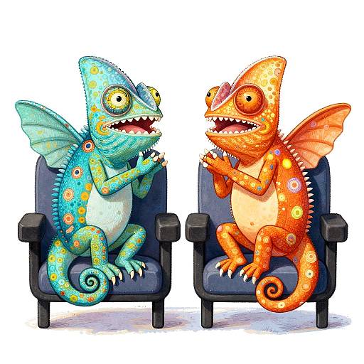 Colorful cartoon chameleons with wings, sitting in black armchairs, facing each other, looking nervous, with vibrant patterns on their skin