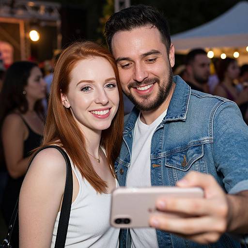 Photograph of a smiling redheaded woman in a white tank top and a bearded man in a denim jacket taking a selfie at a night-time outdoor