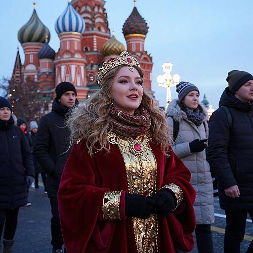 Photograph of a young woman in a medieval-style red and gold robe and crown, standing in front of the colorful Kremlin towers, surrounded by winter-d