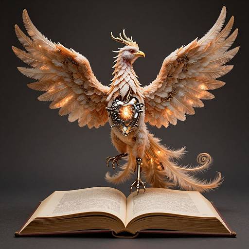 Photorealistic digital art of a golden, phoenix-like creature with intricately detailed feathers and glowing eyes, standing on an open book against a dark background