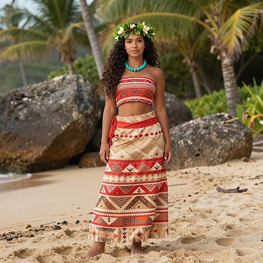 Young Woman in Traditional Hawaiian Outfit on Beach