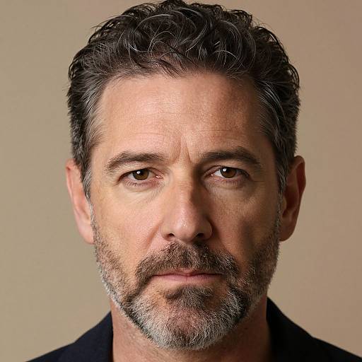 Photograph of a middle-aged man with short, curly gray-black hair, gray beard, and brown eyes, wearing a black shirt, against a neutral