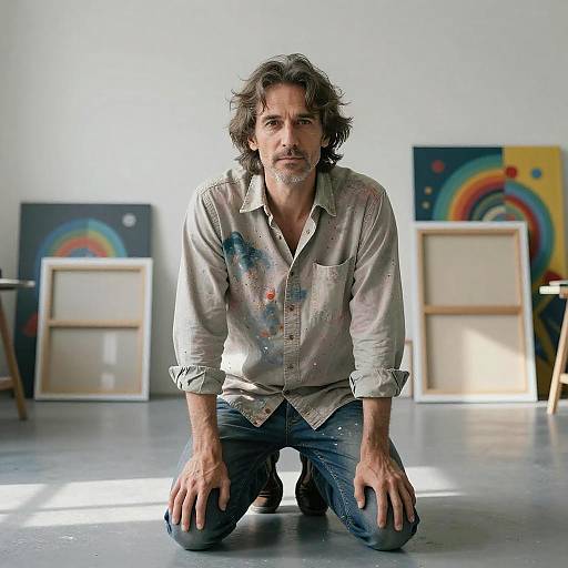Photograph of a middle-aged man with wavy brown hair and beard, wearing a stained button-up shirt and jeans, kneeling on a gray floor in