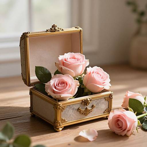 Photograph of an ornate, gold-trimmed, silver box with pink roses inside, some petals scattered on a wooden surface, soft sunlight filtering