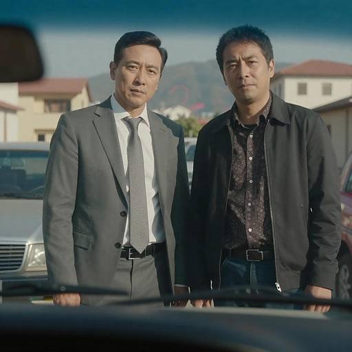 Men by Car Through Dirty Windshield