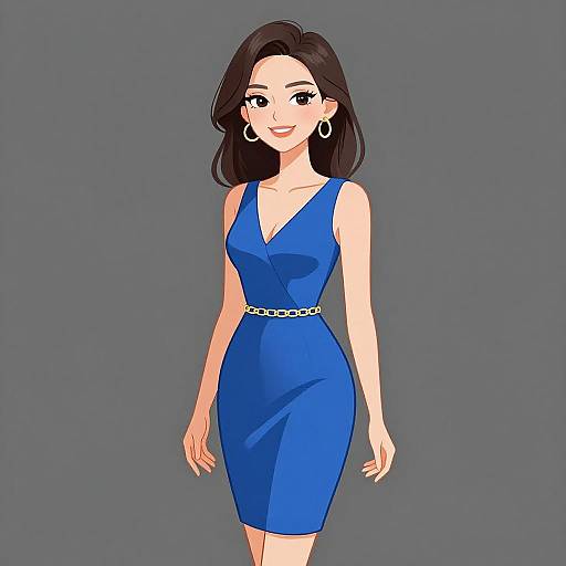 Digital illustration of a smiling woman with fair skin, dark brown hair, wearing a tight blue dress with a white belt, and silver hoop earrings, standing