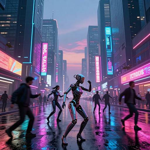 Neon-lit, cyberpunk city street at dusk; three sleek, robotic dancers in vibrant, reflective suits perform energetically, surrounded by blurred