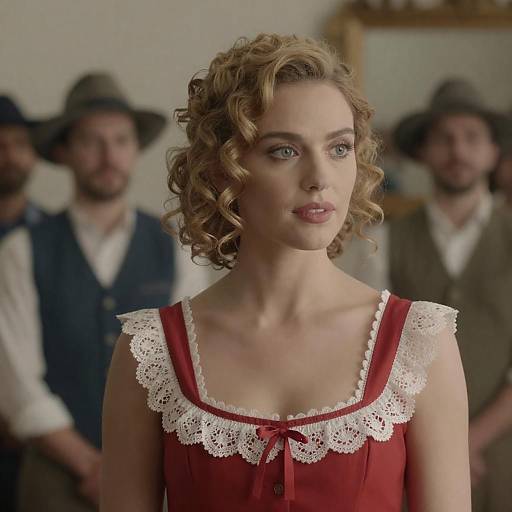 Blonde Woman in Red Dress with Men in Background