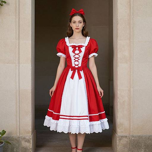 Photograph of a young woman in a red and white Alice in Wonderland-style dress with white lace trim, red bow, and red shoes, standing in