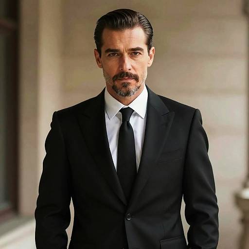 Photograph of a handsome, middle-aged man with dark hair, beard, and intense gaze, wearing a black suit, white shirt, and black tie