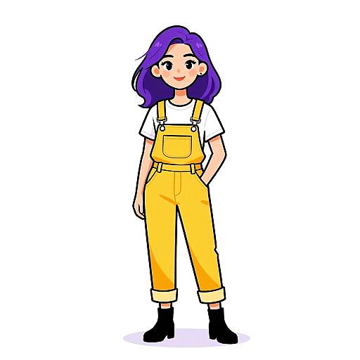 Cartoon-style digital drawing of a smiling girl with purple hair, wearing yellow overalls, white shirt, black boots, and standing confidently.