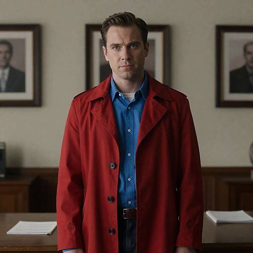 Man in Red Coat and Blue Shirt