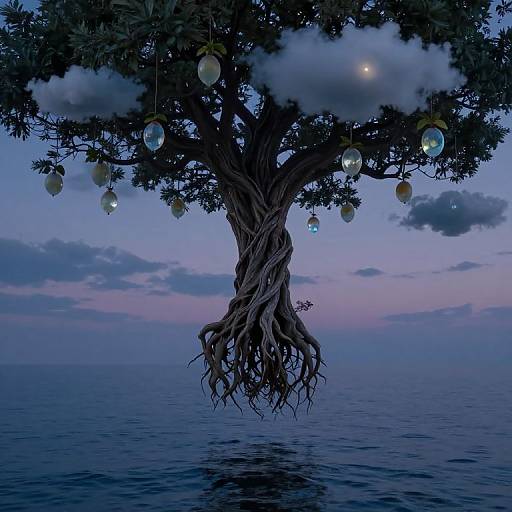 Photorealistic digital artwork of a floating tree with twisted roots, hanging fruit, and glowing orbs above a twilight ocean.