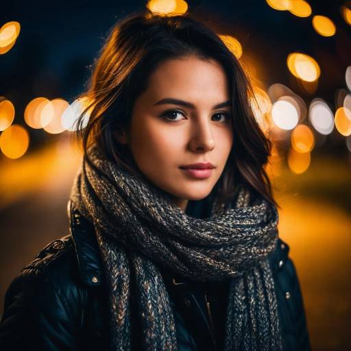 Young woman with scarf in city lights