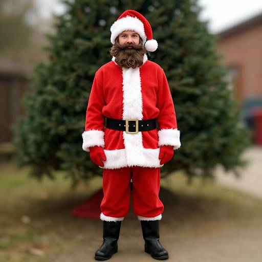 Photograph of a bearded man with a full beard wearing a traditional Santa Claus outfit, standing in front of a Christmas tree outdoors.