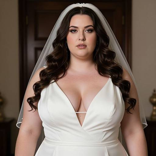Photograph of a plus-size, fair-skinned woman with long, wavy black hair, wearing a white, deep V-neck wedding dress and veil