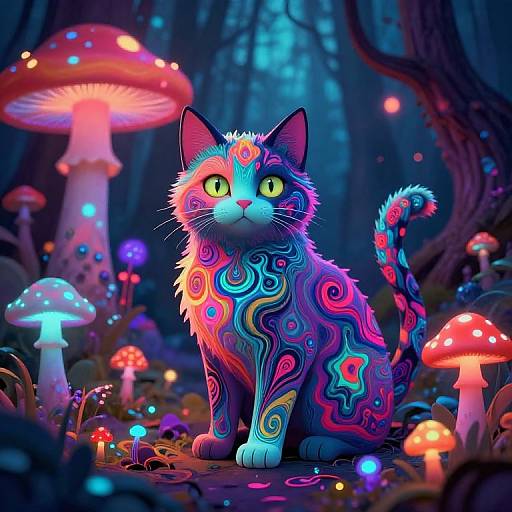 Psychedelic Cat in Neon Mushroom Forest