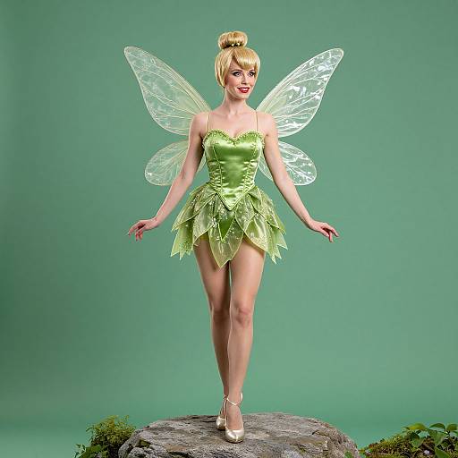 Photograph of a blonde woman in a green fairy costume with translucent wings, standing on a mossy rock against a green backdrop.