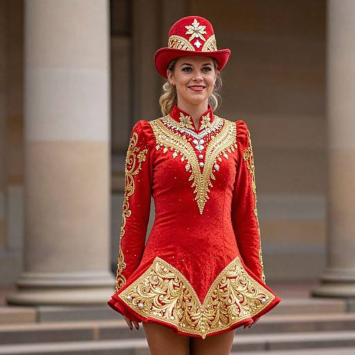 Photograph of a smiling young woman in a red, gold-embroidered, traditional costume with a matching hat, standing in front of a classical