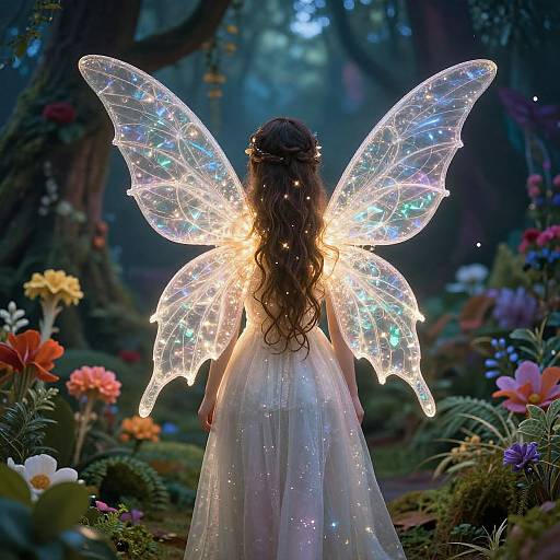 Photograph of a fairy with glowing, iridescent wings, long wavy brown hair, wearing a sparkly white dress, standing in a magical