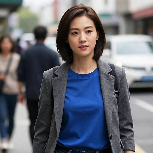 Young Woman in Blue Shirt and Gray Jacket on City Street