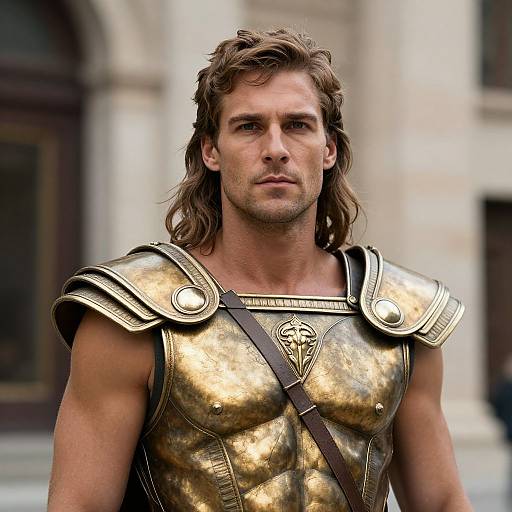 Photograph of a muscular, light-skinned man with long brown hair, wearing gold, ancient Greek-style armor with shoulder plates, standing in front of