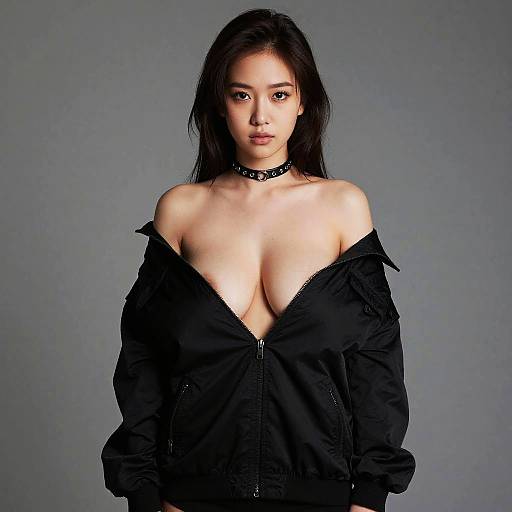 Photograph of an East Asian woman with long black hair, wearing a black choker and unzipped black jacket, exposing her large breasts against a