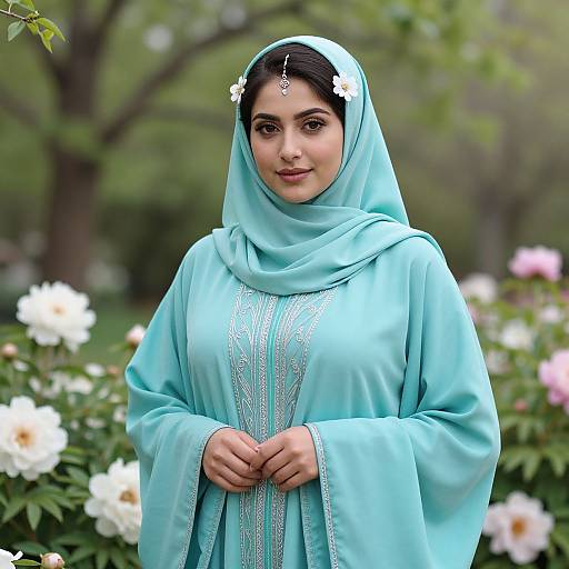 Photograph of a South Asian woman in a light blue hijab and intricately embroidered traditional dress, standing in a blooming garden with white and pink