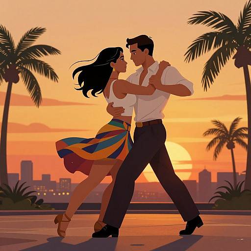 Digital illustration of a dancing couple at sunset, with palm trees, city skyline, orange sky, and the man in a white shirt and black pants,