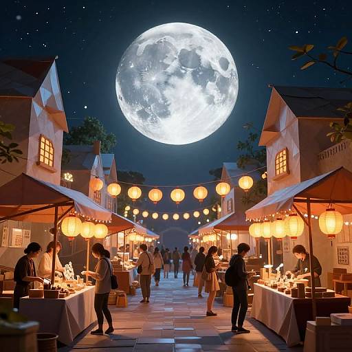 Digital illustration of a moonlit night market with glowing lanterns, stalls under roofed canopies, shoppers browsing, and a large, bright full moon